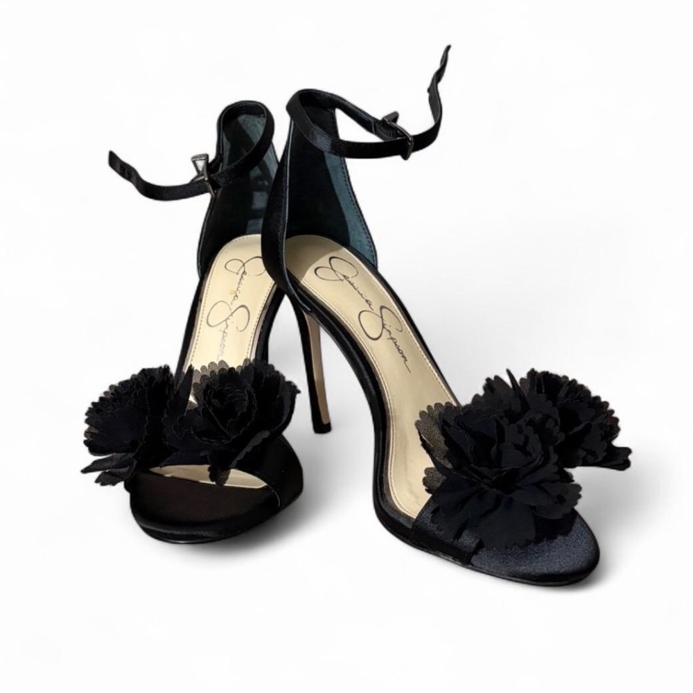Jessica Simpson Jeena stiletto heeled sandals satin 
 w/ chiffon flower pom-pom